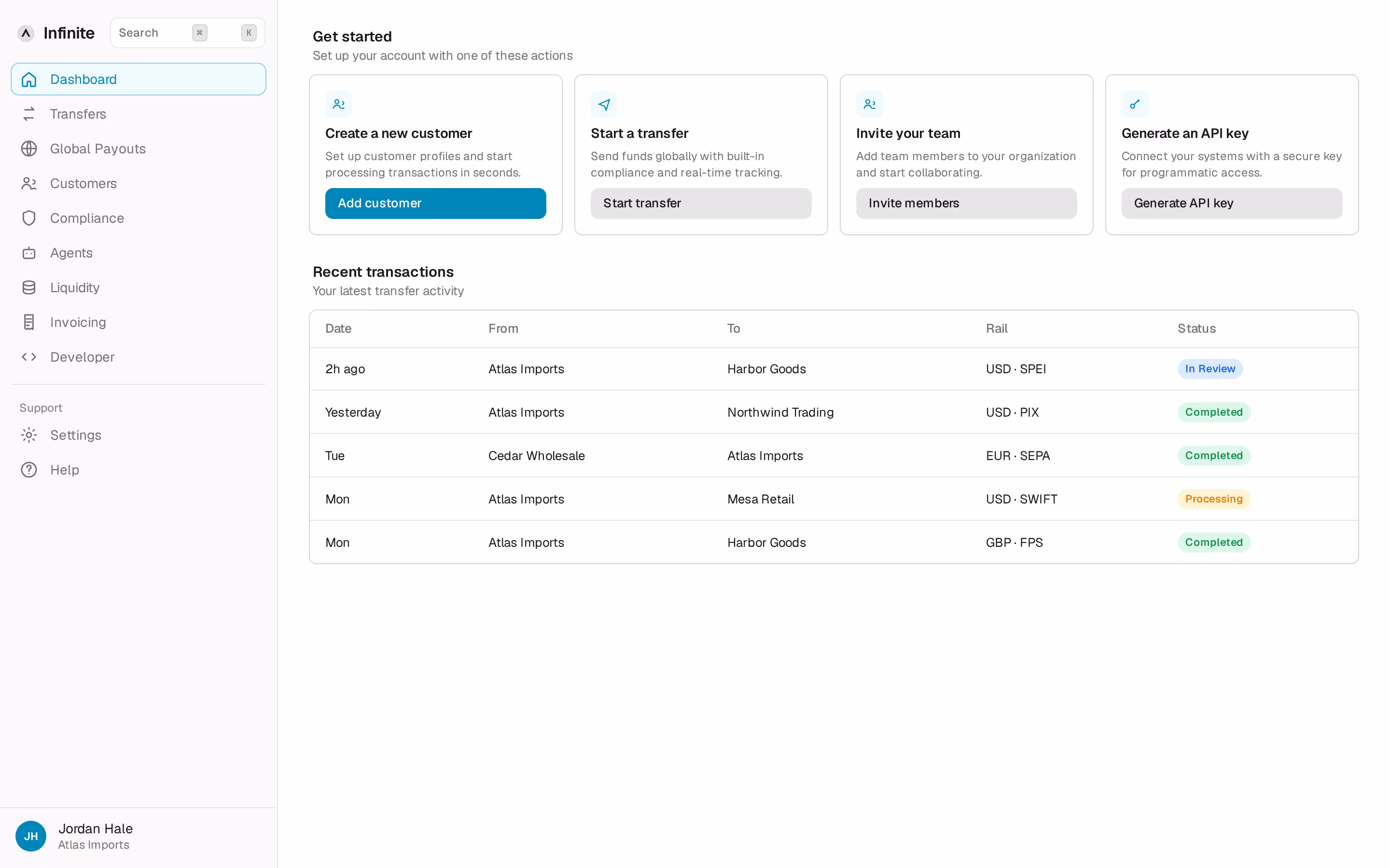 Infinite Accounts workspace with currency balances and recent transfers