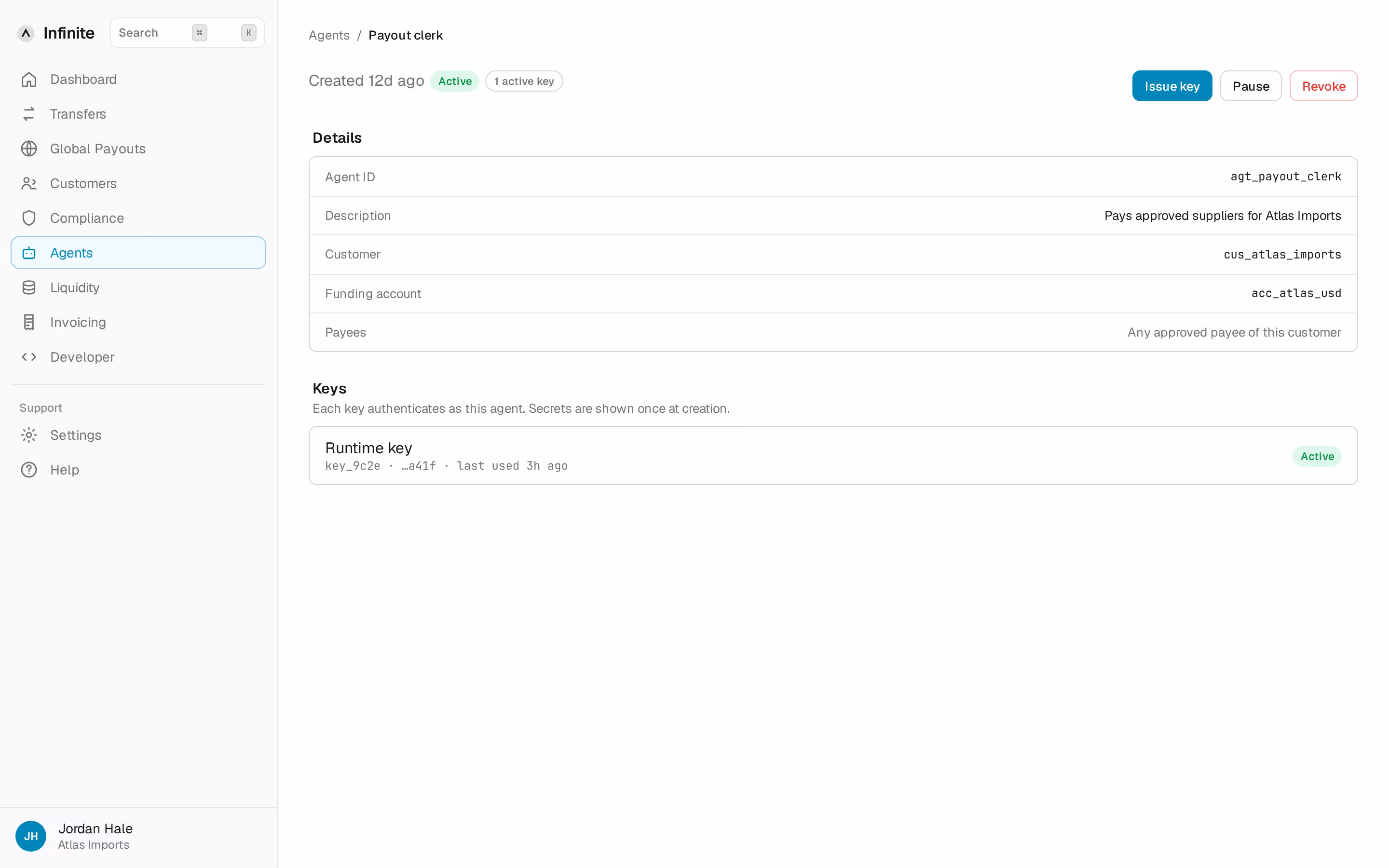 Agent view of a payment with instructions and status