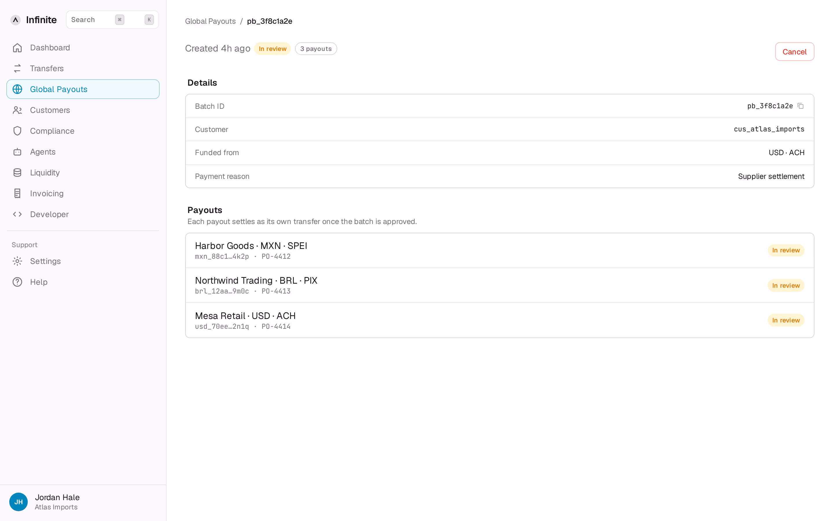Payout batch listing recipients and their rail status