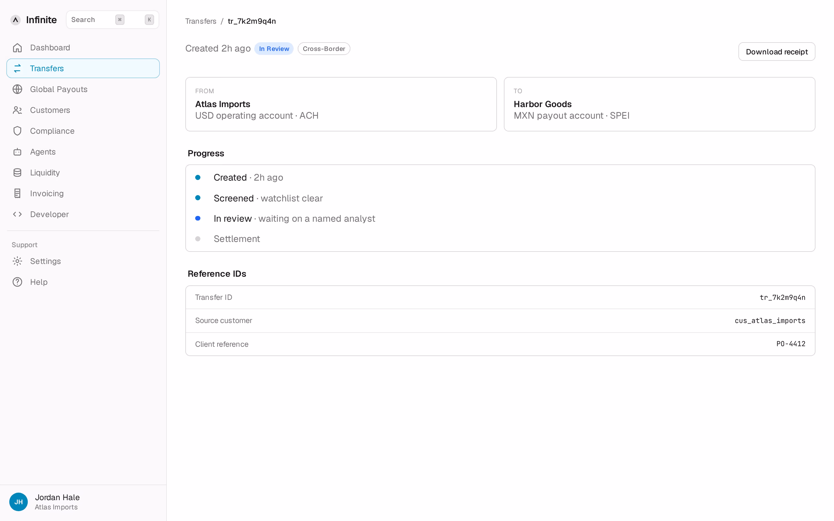 Transfer in review showing rail, destination, and pending state